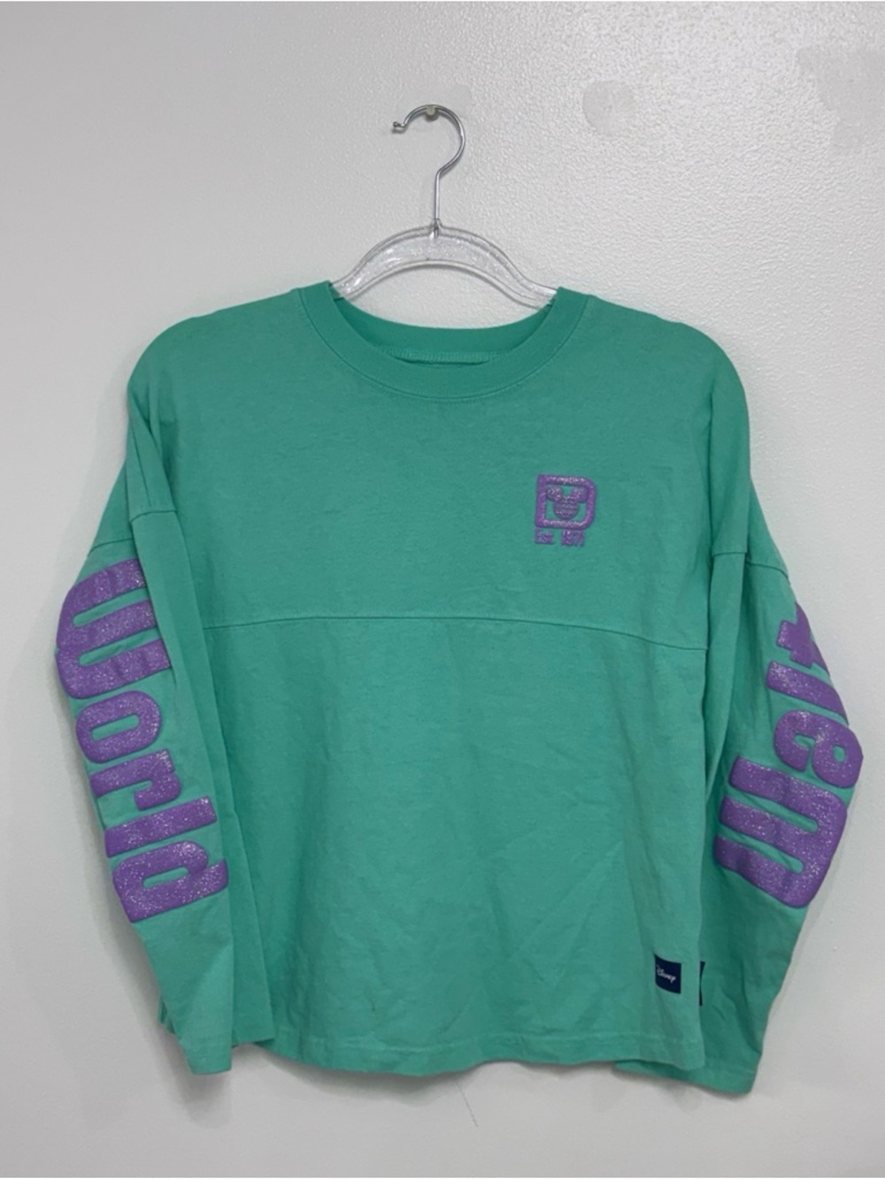 Disney Mint Green Long Sleeve Tee with Purple Glitter Sleeve Graphics